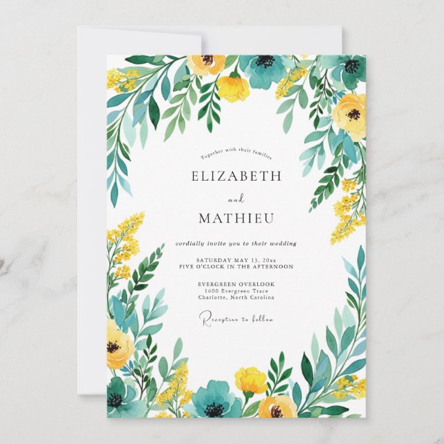 Teal Yellow Blooming Romance Wedding Inbjudningar (Framsida)