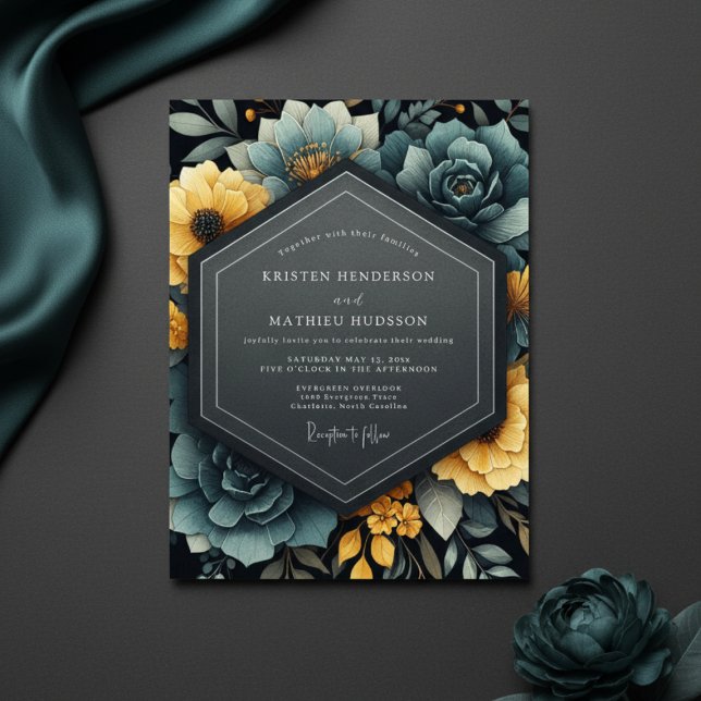 Teal Yellow Floral Bloom Wedding Inbjudningar (Skapare uppladdad)