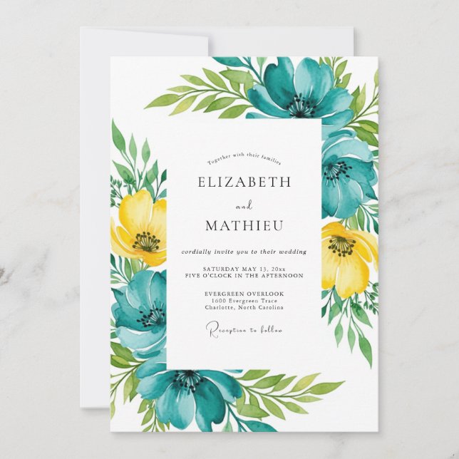 Teal Yellow Floral Spring Wedding Inbjudningar (Framsida)
