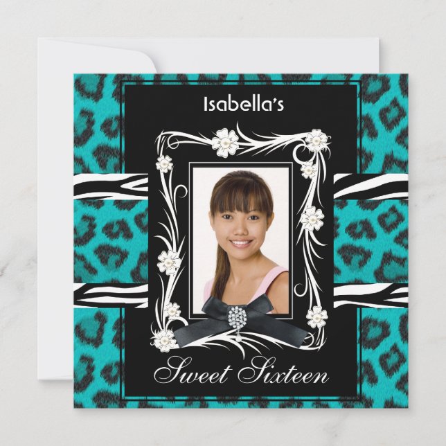 Teal Zebra Leopard Sweet sixteen 16 Black White Inbjudningar (Framsida)