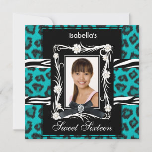 Teal Zebra Leopard Sweet Sixteen 16 Svart Vit Inbjudningar