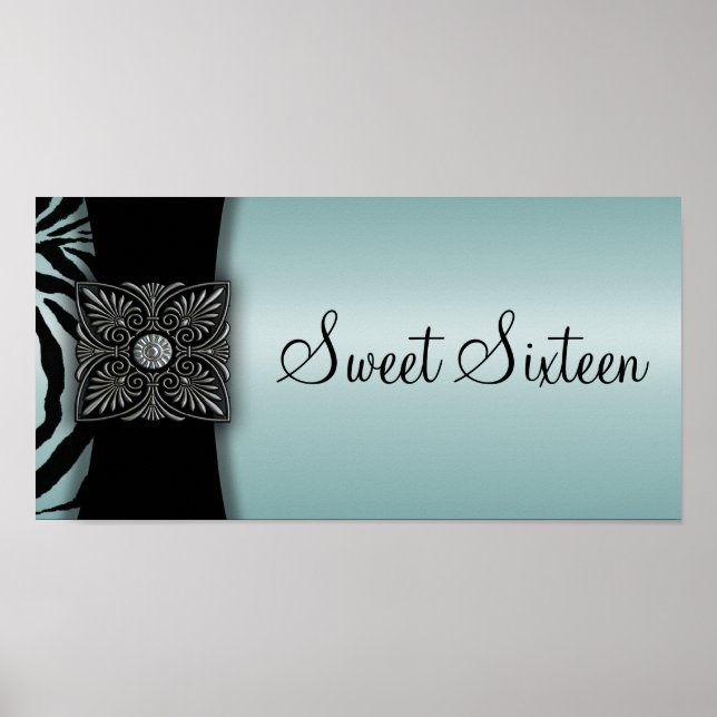 Teal Zebra Sweet sixteen Party Banner Poster (Framsidan)