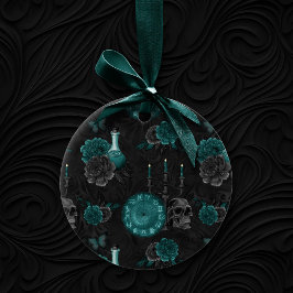 Teal Zodiac Magic | Grönt Gothic Skull Ro Julgransprydnad Keramik