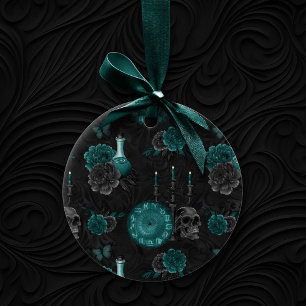 Teal Zodiac Magic Grönt Gothic Skull Ro Julgransprydnad Keramik