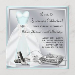 Tealblå bällklänning Höga klackar Teal Quinceanera Inbjudningar