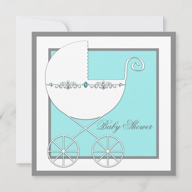 Tealblå Barnvagn Baby Shower Inbjudningar (Framsida)