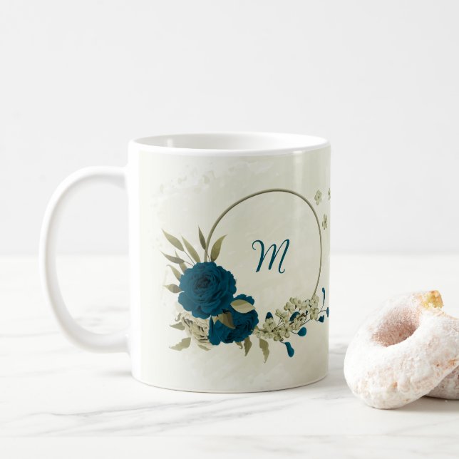 tealblå beige blommig  kaffemugg (Med munk)