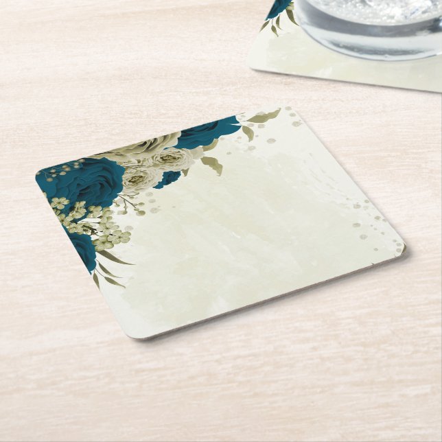tealblå beige blomstergestaltning botanisk bröllop underlägg papper kvadrat (Vinklad)