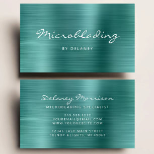 Tealblå Borstad Metall Script Microblading Visitkort