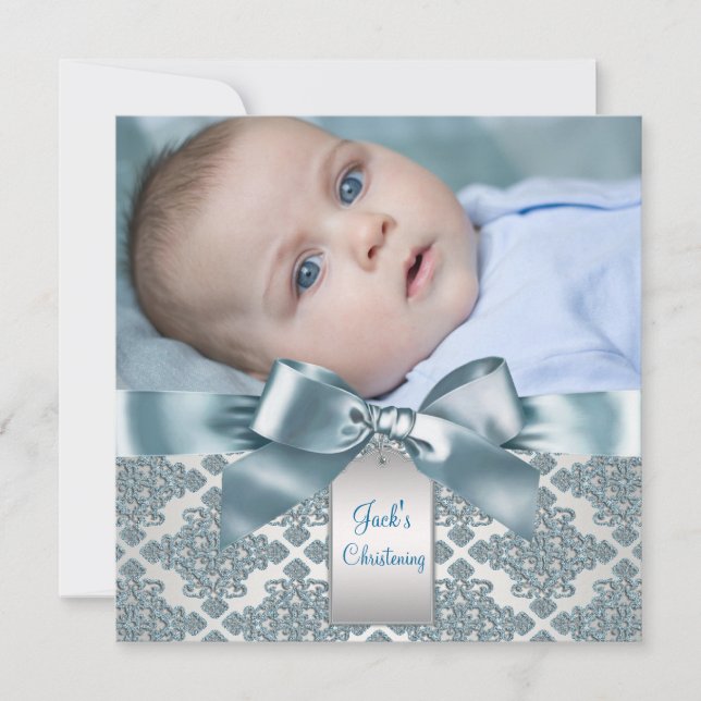 Tealblå Damask Baby Pojke Foto Dop Inbjudningar (Framsida)