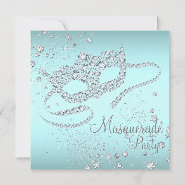 Tealblå diamalmaskerad fest inbjudningar (Framsida)