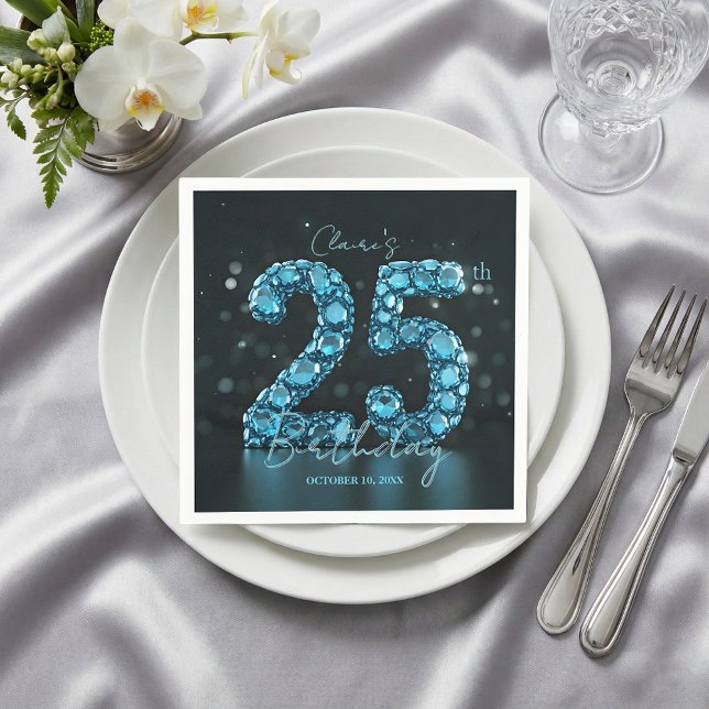 Tealblå diamontedelsten Glam 25-årsdag Pappersservett (Skapare uppladdad)