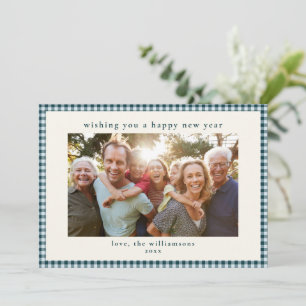Tealblå Gingham Familjefoto Nyår 2027 Julkort