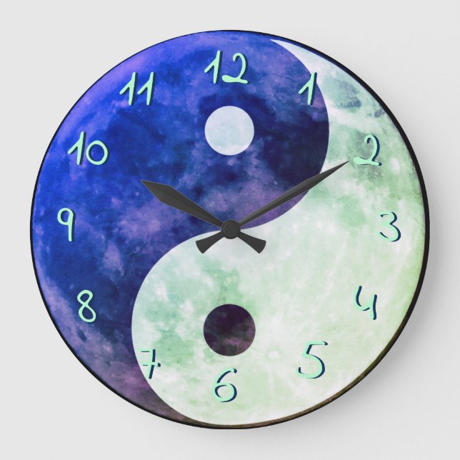 Tealblå Grön Yin Yang Måne Europeiska Nummer Stor Klocka (Framsida)
