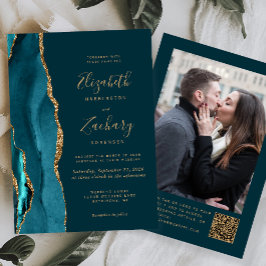 Tealblå Guld Agat Foto QR-kod Bröllop Inbjudningar