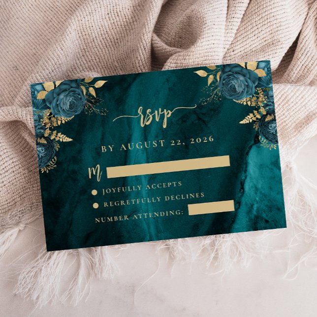 Tealblå guldblommig Agate Script bröllops-RSVP Tilläggskort (Skapare uppladdad)