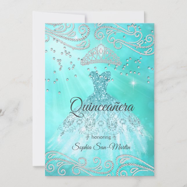 Tealblå klänning Silver Quinceanera 15-årsdag Inbjudningar (Framsida)