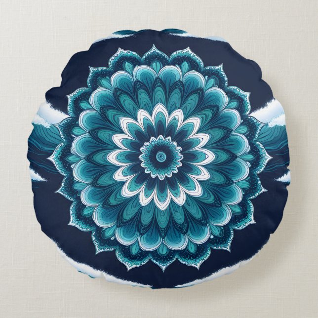 Tealblå Mandala Blomma Rund Kudd | Boho Kudde (Framsidan)