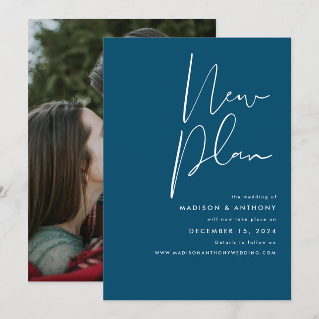 Tealblå minimalistisk foto ny bröllopsplan meddelande (Fram/baksida)