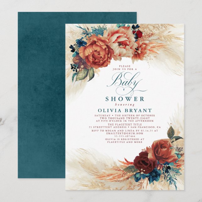 Tealblå och terrakotta blommande boho baby shower inbjudningar (Fram/baksida)