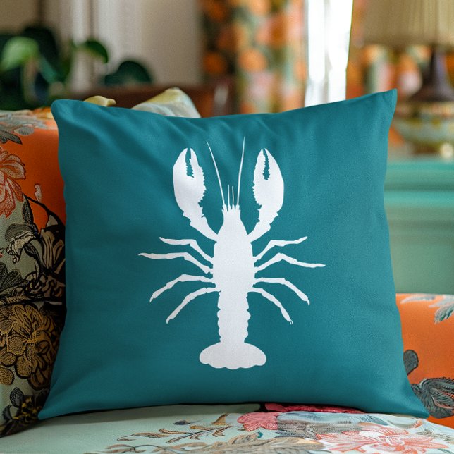 Tealblå och vit hummerform kudde (Teal Blue and White Lobster Shape Throw Pillow)