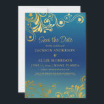 Tealblå Ombre' Guld Svävar Foto Bröllop Spara Datumet<br><div class="desc">Turkosblå ombre'-bröllop "Save the Date" med accent av eleganta och roliga gyllene virvlar och flourishes. Personlig med din information på framsidan och ditt foto på baksidan. Kontakta mig för hjälp med dina anpassningar eller för att begära ytterligare matchande eller kompletterande Zazzle-produkter för dina speciella tillfällen. Köp detta kort tryckt och/eller...</div>