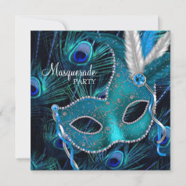 Tealblå påfågelmaskerad Maskeradfest Inbjudningar