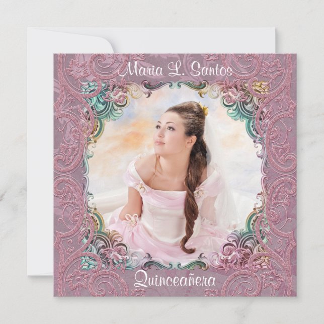 Tealblå Rosa Bild Quinceanera Inbjudningar (Framsida)