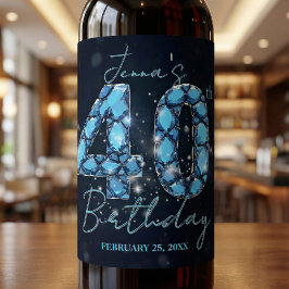Tealblå Safir Ädelsten Glam 40-årsdag Vinflaska Etikett