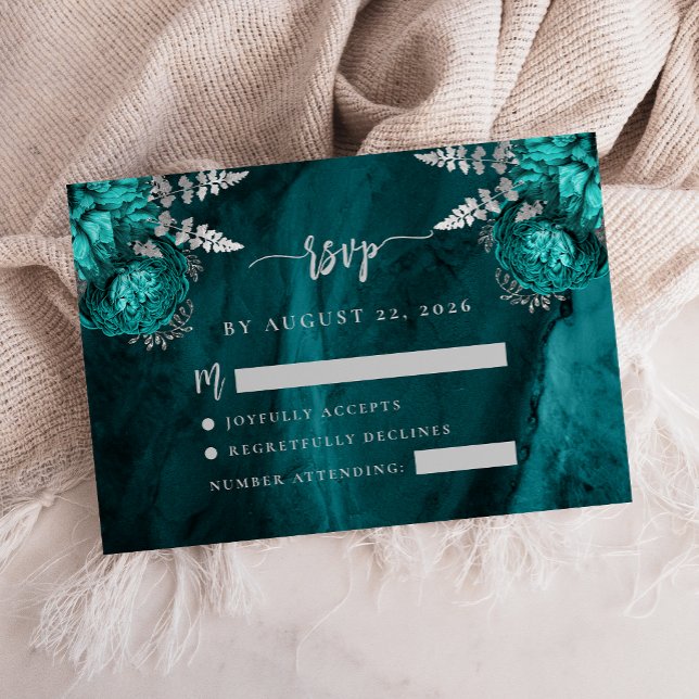 Tealblå Silver Blommig Agat Skript Bröllop RSVP Tilläggskort (Skapare uppladdad)