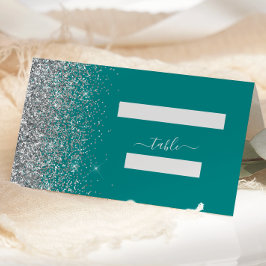 Tealblå silverglitterkant bröllop placeringskort