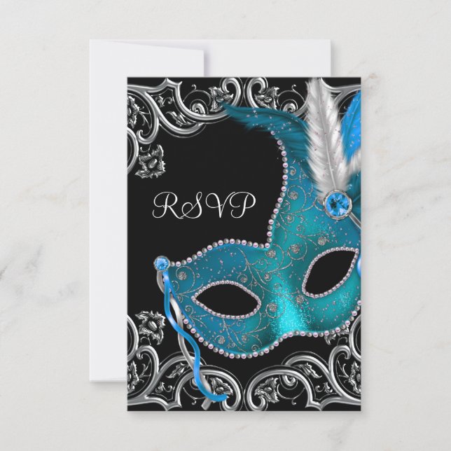 Tealblå silvermaskerad Maskeradfest RSVP OSA Kort (Framsida)