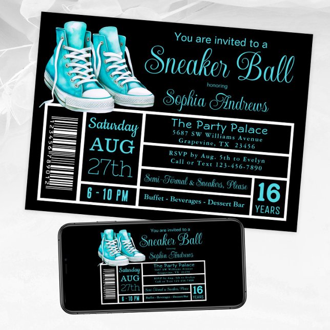 Tealblå Sneaker Ball Födelsedagsfest Skor Etikett Inbjudningar (Teal sneaker ball invitation shoe label style. Available for instant download and print.)