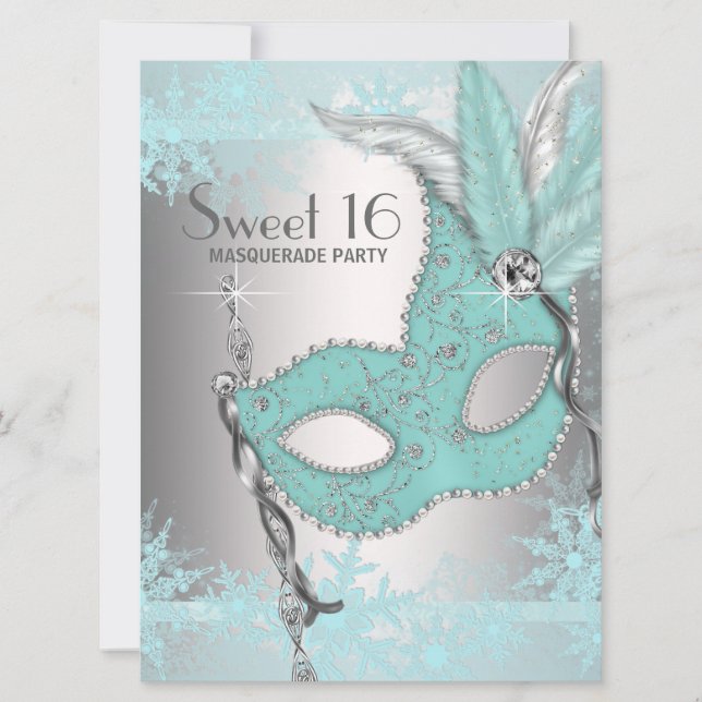 Tealblå snöflinga Sweet 16 maskeradfest Inbjudningar (Framsida)