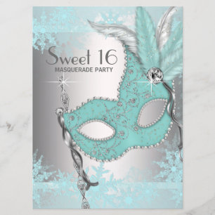 Tealblå snöflinga Sweet 16 maskeradfest Inbjudningar