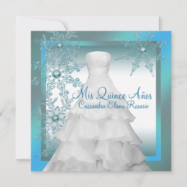 Tealblå snöflingor Vinterundret Quinceanera Inbjudningar (Framsida)