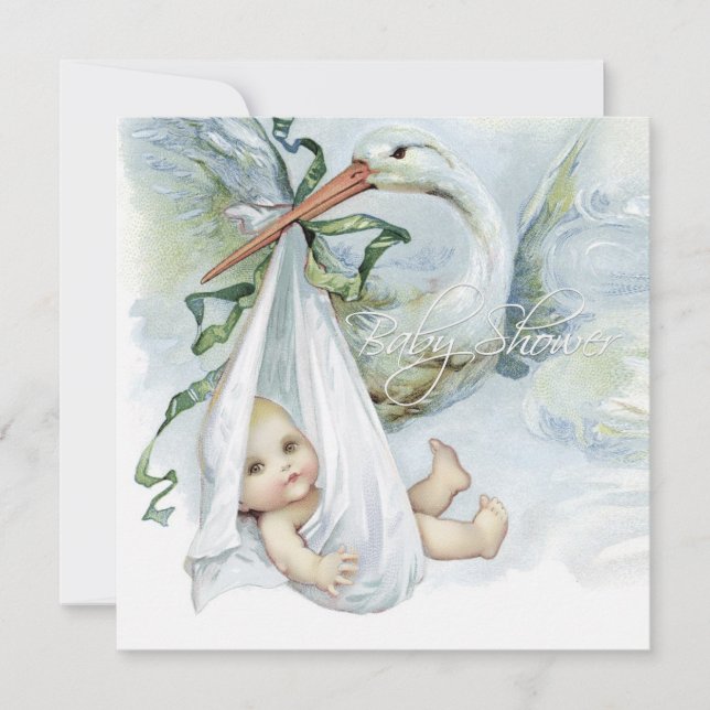 Tealblå Stork Bebis Shower Inbjudningar (Framsida)