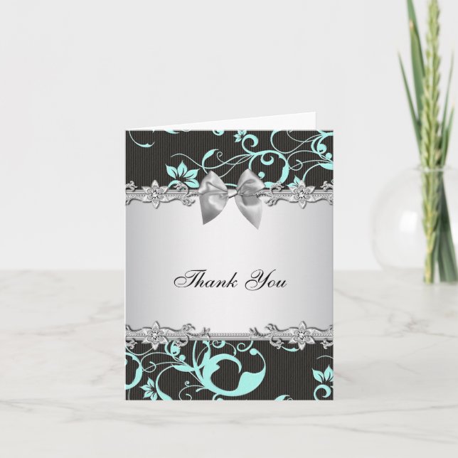 Tealblå Svart Damask Silver Tacksamhetskort Tack Kort (Framsida)