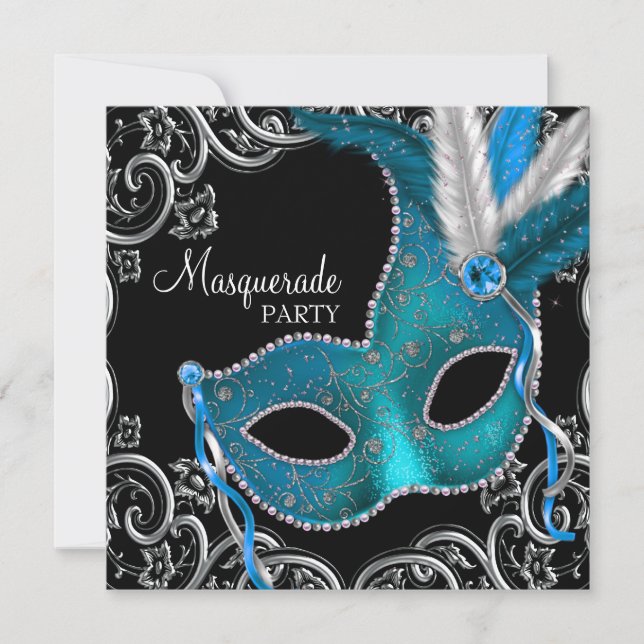 Tealblå Svart Maskeradfest Inbjudningar (Framsida)
