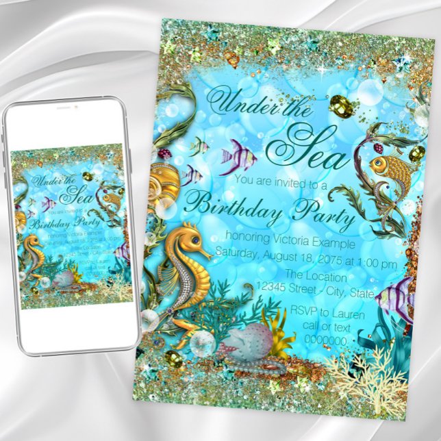 Tealblå Under havet Födelsedagsfest Inbjudningar (Pretty gold undersea fish, shells and seahorse on a glittery bubble background. For any occasion.)