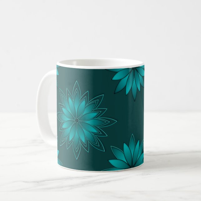 Tealblad Mandala Design på mörk cyan Kaffemugg (Framsida vänster)