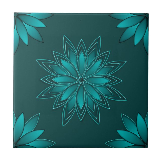 Tealblad Mandala Design på mörk cyan Kakelplatta (Framsidan)
