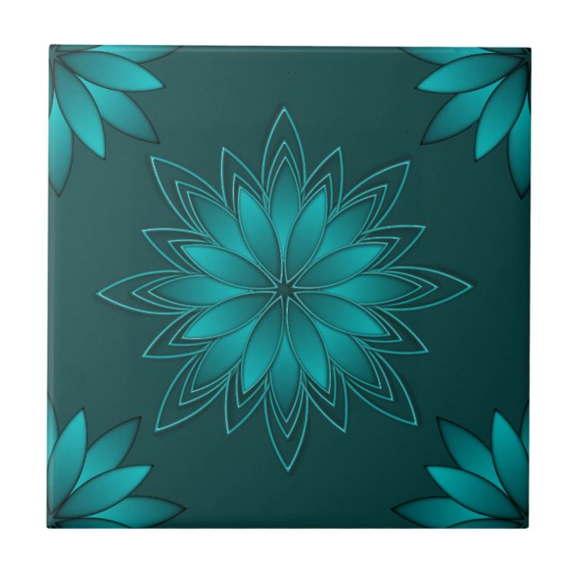 Tealblad Mandala Design på mörk cyan Kakelplatta (Framsidan)