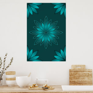 Tealblad Mandala Design på mörk cyan Poster
