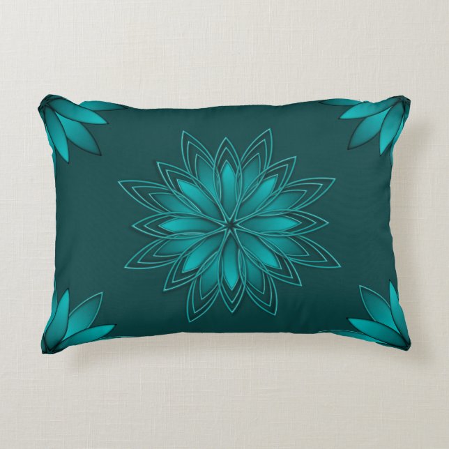 Tealblad Mandala-design på mörk cyan Prydnadskudde (Framsidan)
