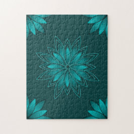 Tealblad Mandala-design på mörk cyan Pussel