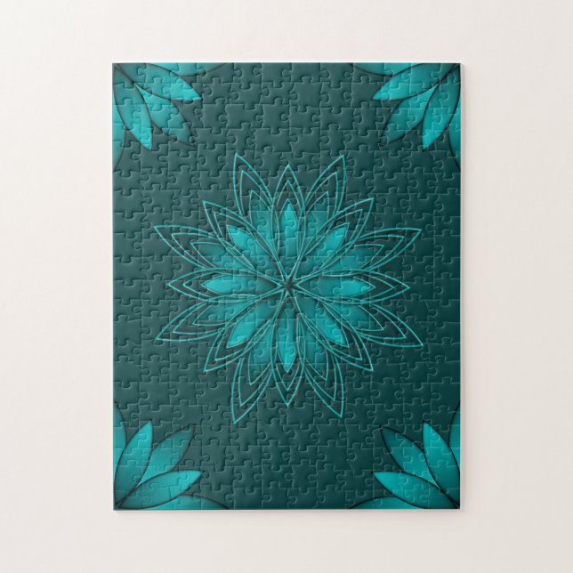 Tealblad Mandala-design på mörk cyan Pussel (Vertikal)