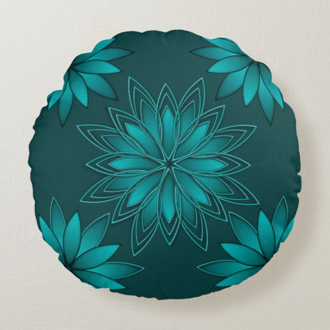 Tealblad Mandala Design på mörk cyan Rund Kudde (Framsidan)
