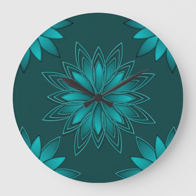 Tealblad Mandala Design på mörk cyan Stor Klocka (Framsida)