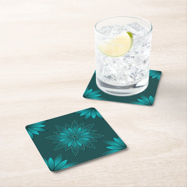Tealblad Mandala Design på mörk cyan Underlägg Papper Kvadrat (Insitu)